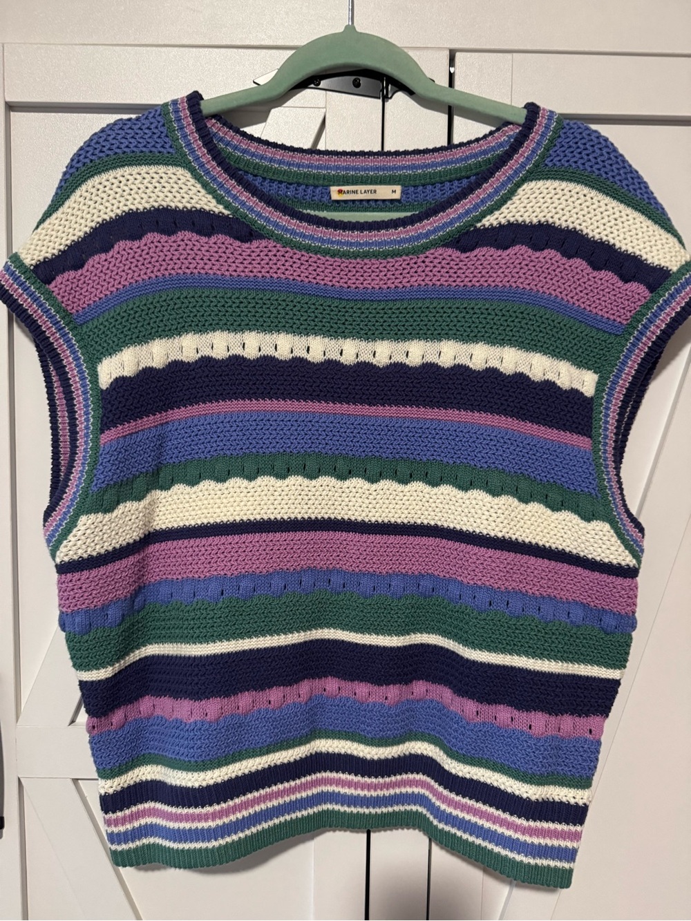 Marine Layer Striped Knit Vest in Cream, Green, Navy & Purple - Picture 1 of 3